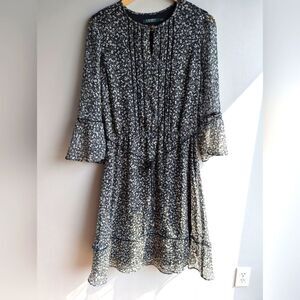 Lauren Ralph Lauren black and grey floral bell sleeves ruffled hem semi-sheer 6